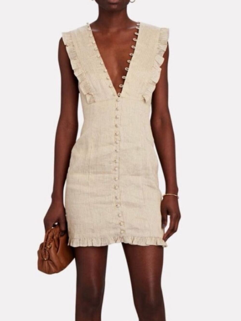 Joslin Believe Silk Linen
Striped Ruffle Button 
Mini Dress Sleeveless 4